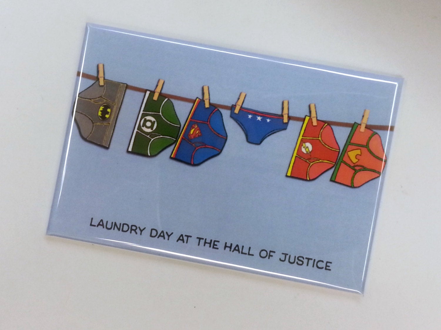 Laundry Day at the Hall of Justice magnet underwear DC fan art